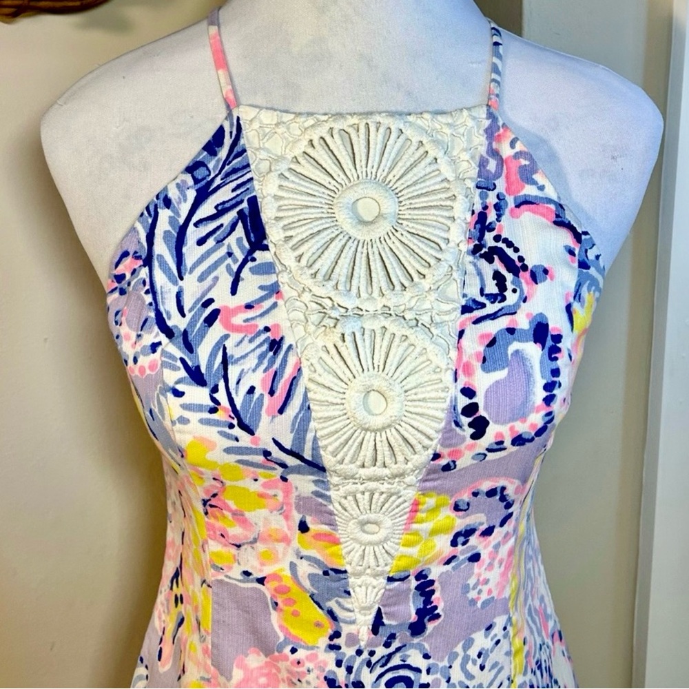 LILLY PULITZER So Snappy Pearl Shift Dress Lilac Verbena Crochet Bodice Sz 0💛 - Picture 3 of 9